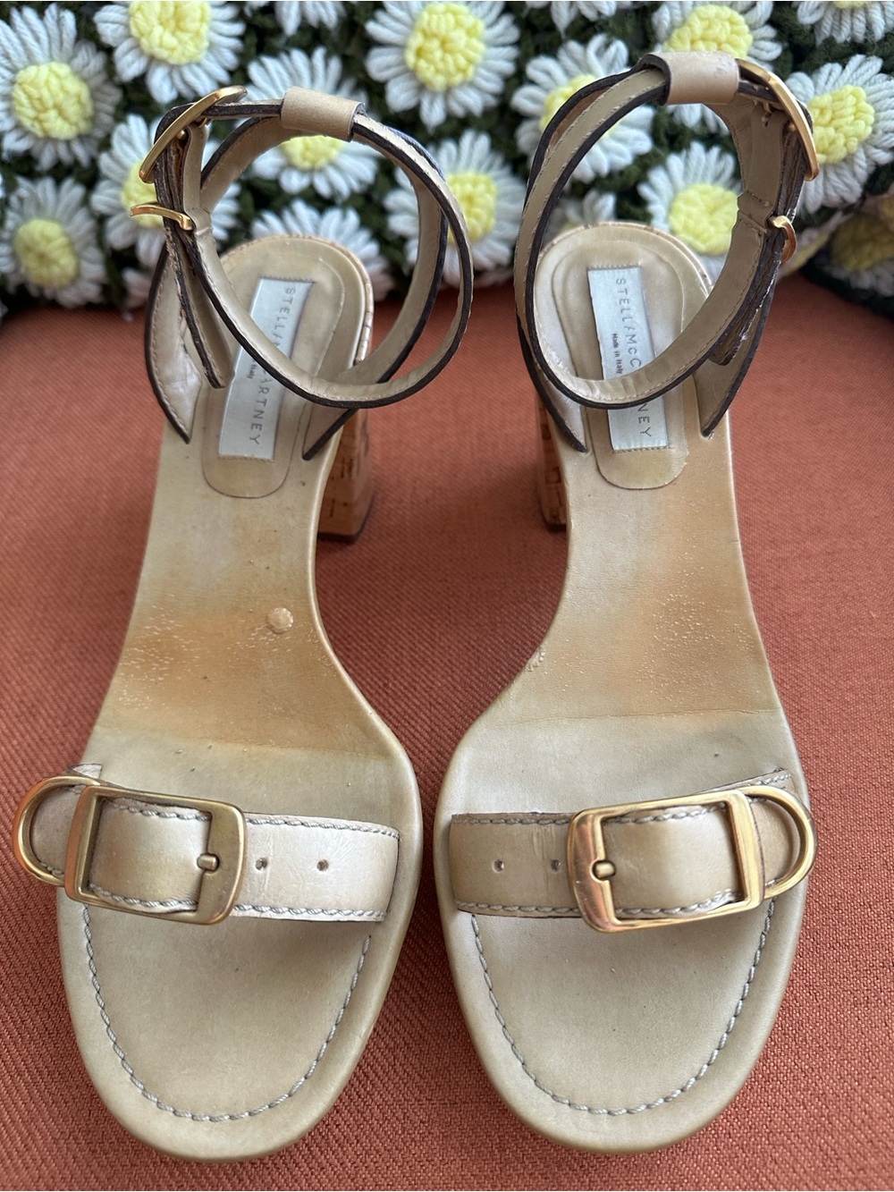 Stella McCartney Nude Beige Buckle Ankle-Strap Block Heels